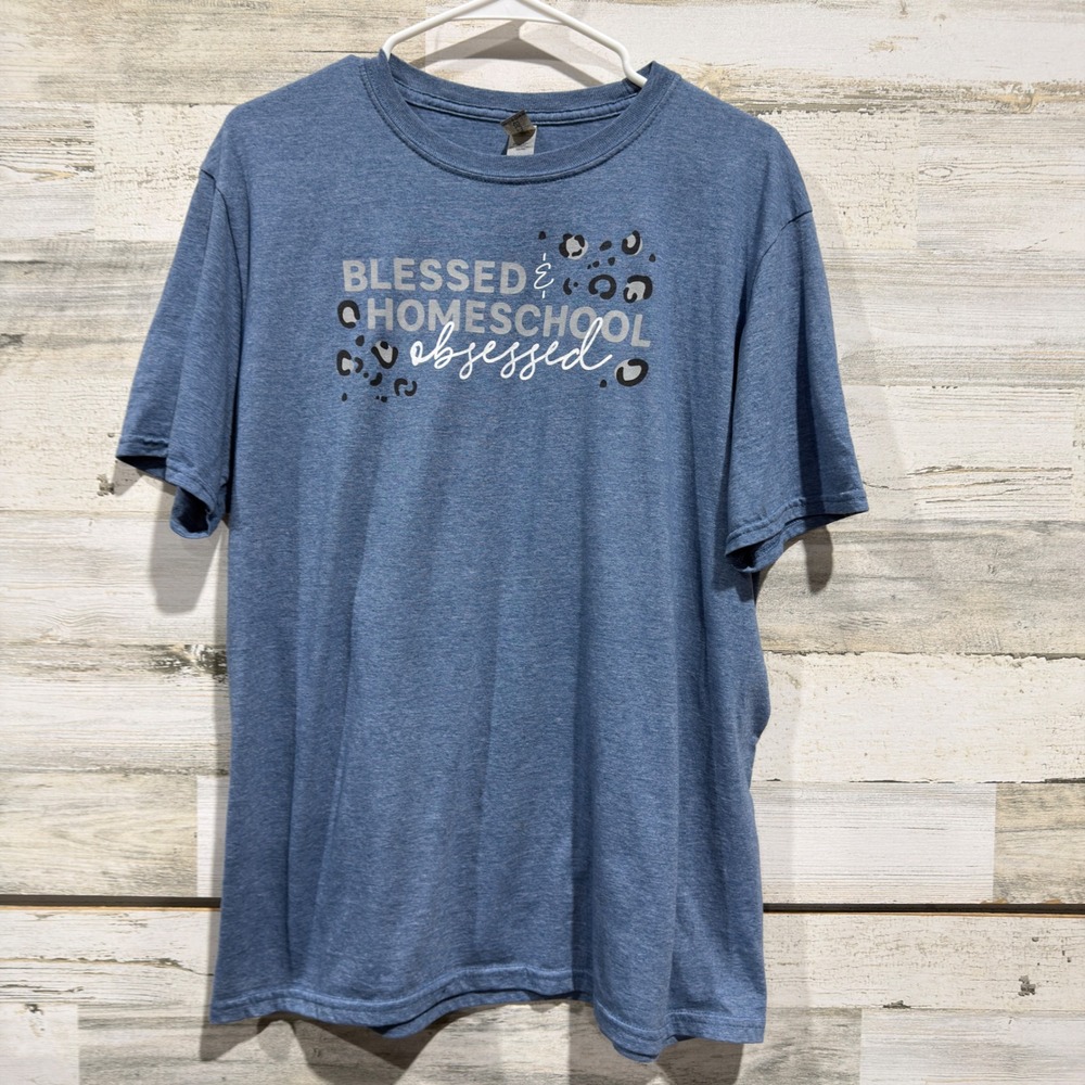 Gildan Graphic Tee Women Large Blue Blessed Homeschool Obsessed Momcore *Flawed